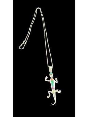 Pendant Navajo Lizard Gecko Multi Gemstone Reptile Signed VT Braided Chain